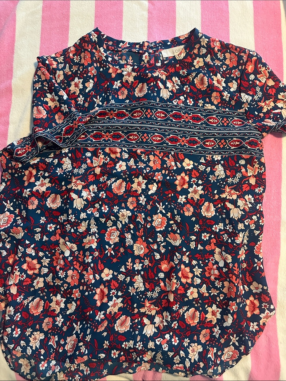 LOFT Navy Floral Short Sleeve Blouse with Patterned Yoke